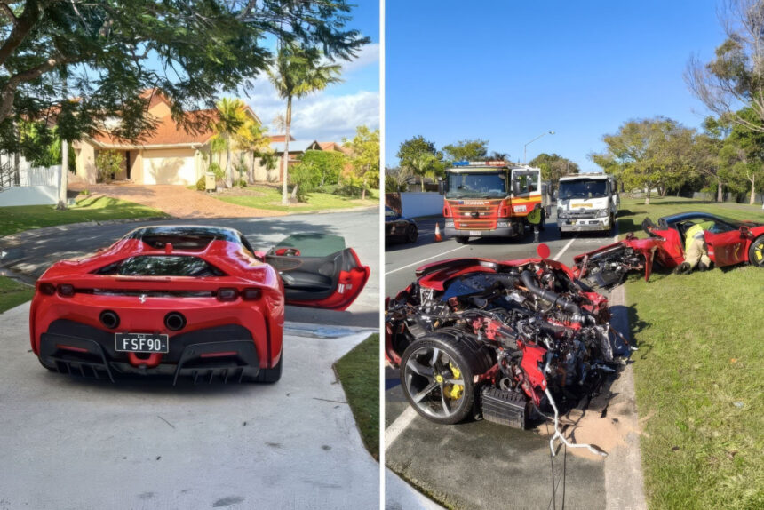 Ferrari SF90 Spider parte ao meio após bater em árvore na Austrália
