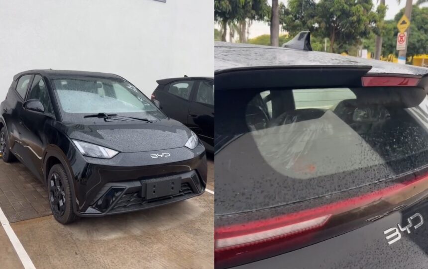 BYD Dolphin Mini 2027 ganha spoiler vazado, pneus 185/55 R16 e rodas escuras